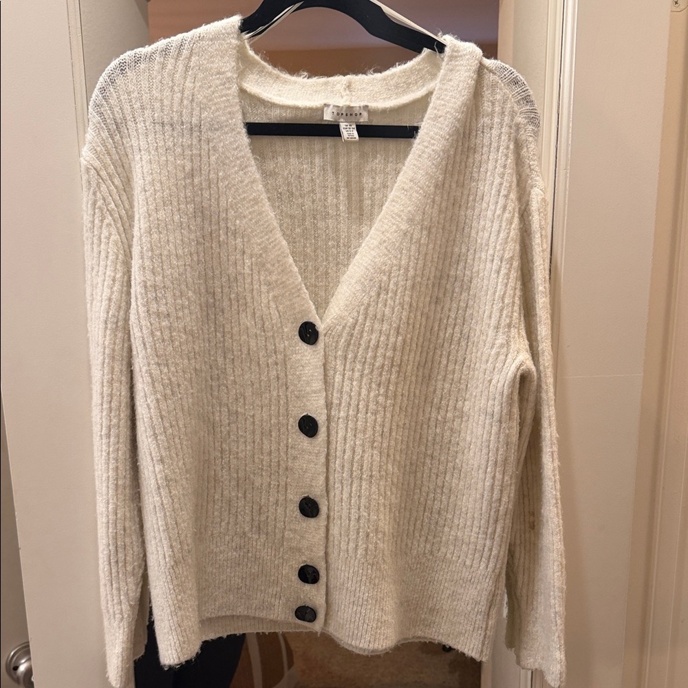 Topshop Cream Ribbed Cardigan with Black Buttons